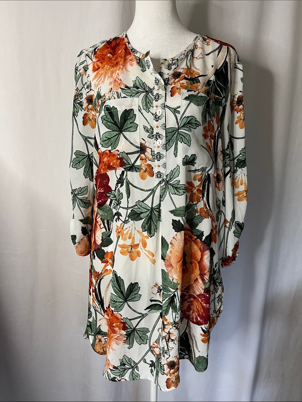 Anthropology Fig & Flower Size Medium Tunic Botanical Button-Front floral Blouse